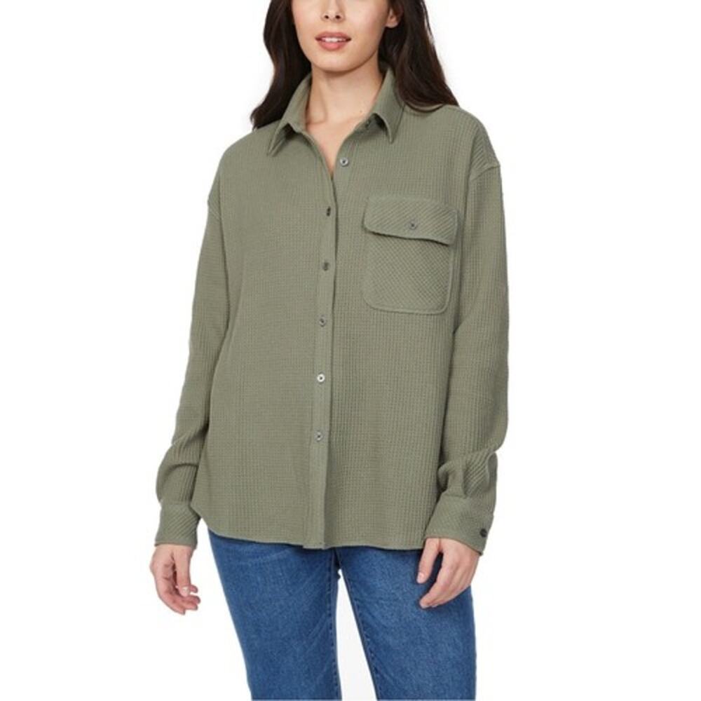 NWT Buffalo Jeans Green Long Sleeve Waffle Knit Button Down Shirt Size Medium